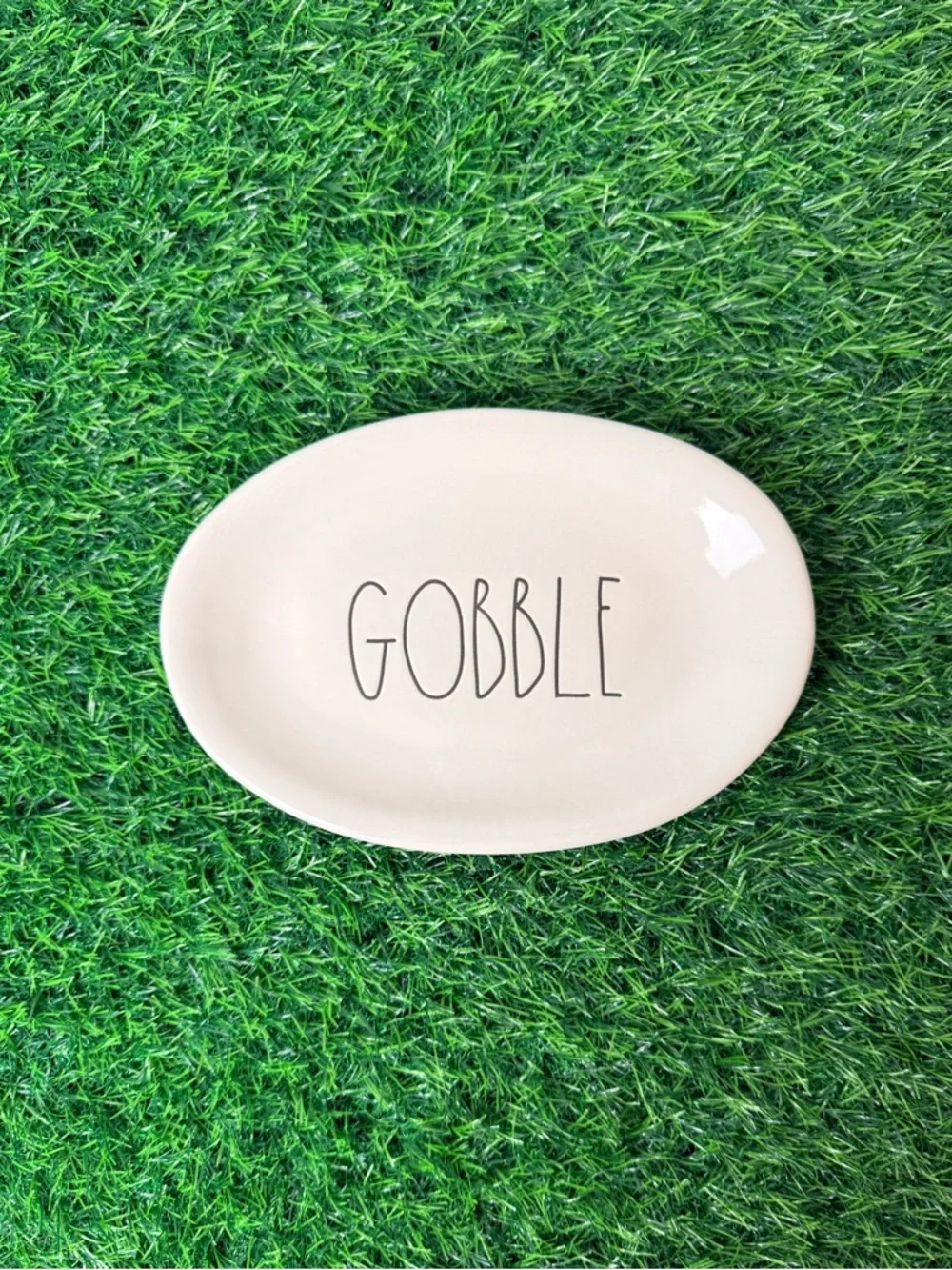 Rae Dunn 8” Oval 'GOBBLE' Ceramic Serving Plate White/Black EUC